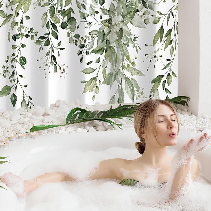 Gibelle Extra Long Shower Curtain 72 x 84, Tall Olive Green Floral Shower Curtain for Bathroom, Watercolor Plant Eucalyptus Leaves Fabric Shower Curtain Set with Hooks