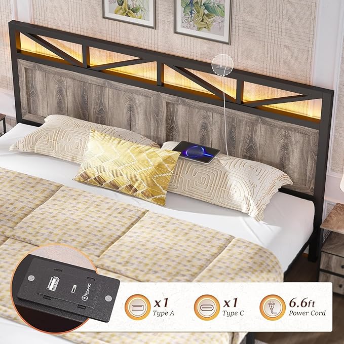 EnHomee Bed Frame Queen Size with Headboard and 2 Storage Drawers,Built in Charging Station,NO Noise,No Box Spring Needed,Grey