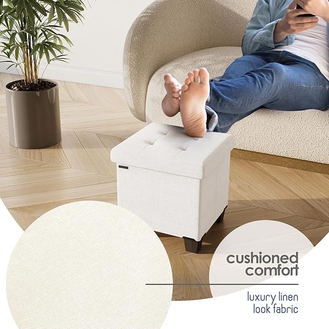 STORAGEBUD Storage Ottoman Cube with Small Bin, 16-in Square Ottoman with Storage for Living Room and Bedroom, Small Ottomans Foot Rest, Fabric Foot Stools Ottomans Max 330lbs, Cream