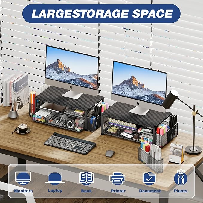 Desk Organizer and Accessories, 2-Tier Computer Monitor Stand with Drawer and 2 Pen Holders, Laptop Stand, Office Desk Accessories for Office Supplies, Carbon Fiber