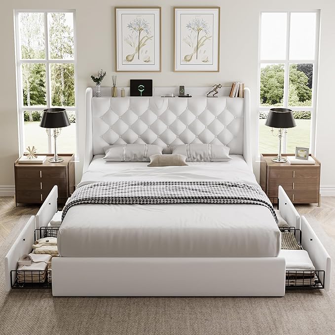 Full Bed Frame with 4 Storage Drawers, Huge Upholstered Wingback Headboard, Fast Charging Station, No Box Spring Needed, Noise-Free, White