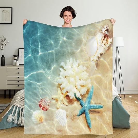 Beach Throw Blanket, Ocean Theme Seashell Travel Warm Blanket for Bedroom, Living Room, Sofa, Bed, Office - 80x60 Inch