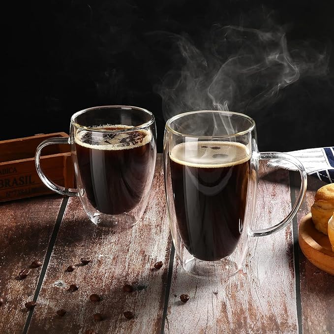 Espresso Cups Set Of 2 15 Oz, Double Walled Glass Coffee Mugs with Handle,Insulated Layer Coffee Cups,Clear Borosilicate Glass Mugs,Perfect for Cappuccino,Tea,Latte,Espresso,Hot Beverage,Wine