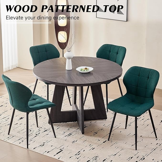 47" Round Dining Room Table Set for 4, [Fanned Base] [1.38" Thick Top] Wood Kitchen Table with 4 Water-Resistant Fabric Dining Chairs