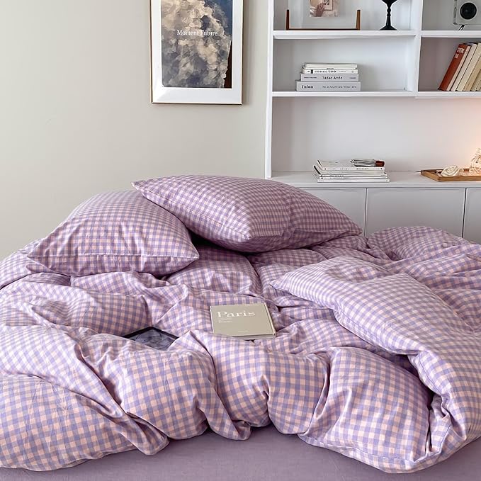 mixinni Purple Gingham Comforter Set Twin XL, Plaid Comforter Set 3 Pieces 1 Purple Grid Comfoter with 2 Pillow Cases for All Seasons, Soft Fluffy Modern Grid Pattern Printed Bedding-Twin XL Size