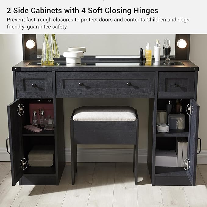 JXQTLINGMU Farmhouse Vanity Desk with Hollywood Makeup Mirror - Ample Storage Space with 3 Drawers & 2 Cabinets - Detachable Light Bulbs, Stool Included, Bedroom, Black