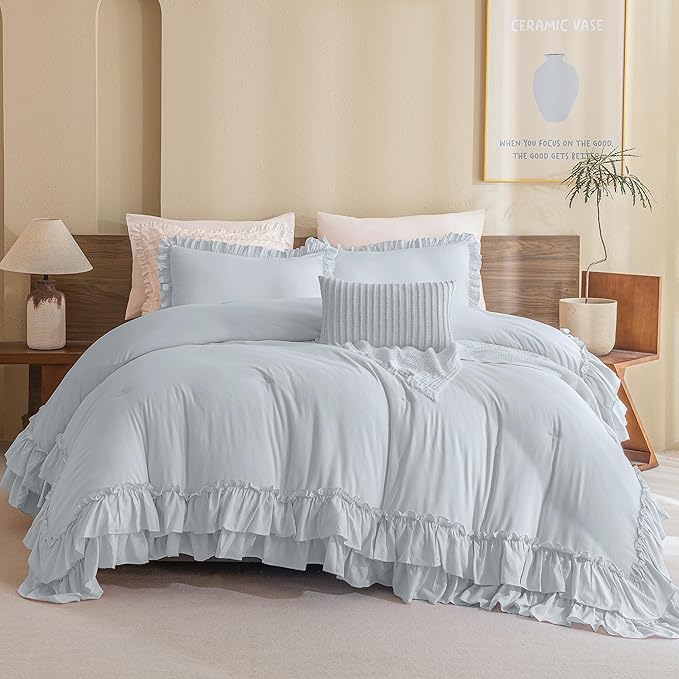 Queen's House Light Blue Farmhouse Ruffled King Size Comforter Set,Lightweight Microfiber Inner Fill Fluffy Boho Chic Bedding Comforter,Ultra Soft Microfiber Inner Fill Bedding