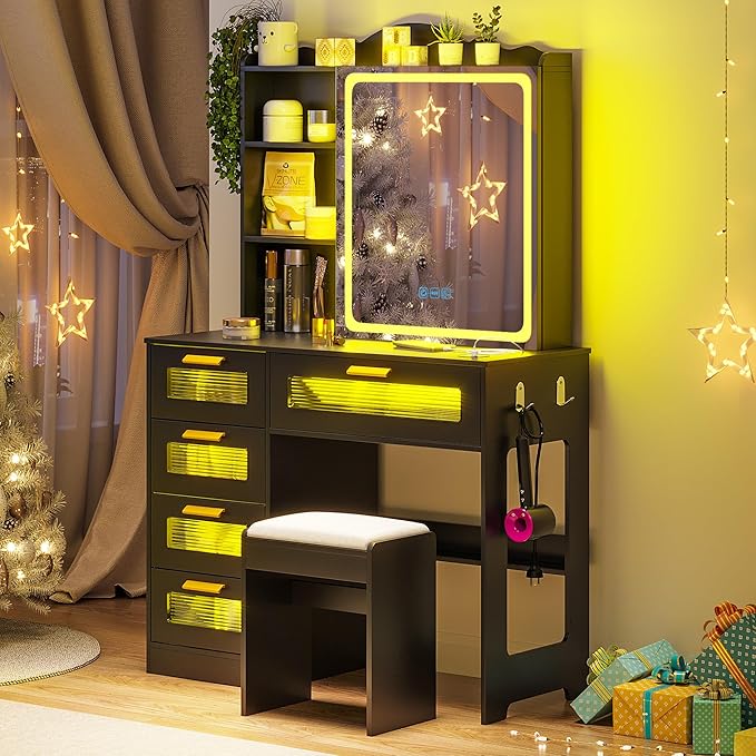 Vanity Desk with Lights and Sliding Mirror, Makeup Vanity Desk with Charging Station, Vanitys Dressing Table with Stool,LED Vanity Set with Large Drawers&Shelves for Bedroom, Decor, Black