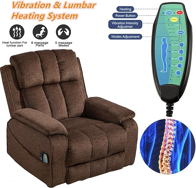 Oversized Lifting Recliners for Seniors, Extended Footrest, Big and Tall Recliners 400 lbs Lay Flat Recliner with Heat & Massage Side Storage Cup Holder for Elderly Relaxing