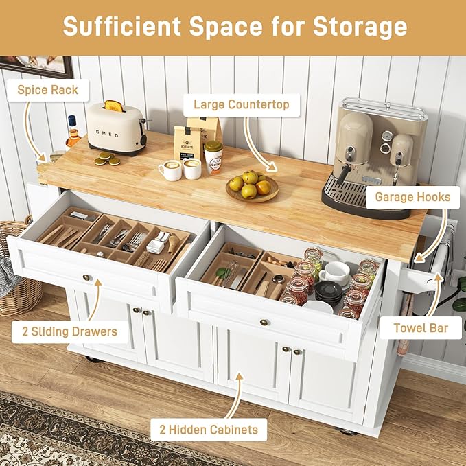 59.1" Movable Kitchen Island with Drop Leaf and Power Outlet, Rolling Island Cart w/Storage Cabinet, Island Table on Wheels for Kitchen w/2 Drawers, Spice Rack, Towel Bar, Garage Hook, White