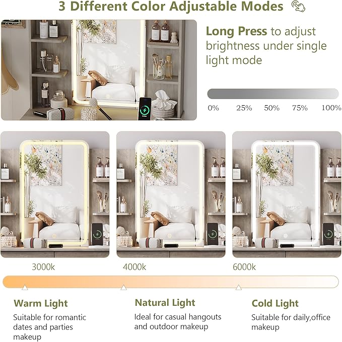 Small Vanity Desk with Mirror and Lights, Makeup Vanity with LED Lights, Grey Vanity Mirror with Lighted Desk and Chair, 3 Lighting Adjustable Compact Dressing Table with Mirror for Women, Girls