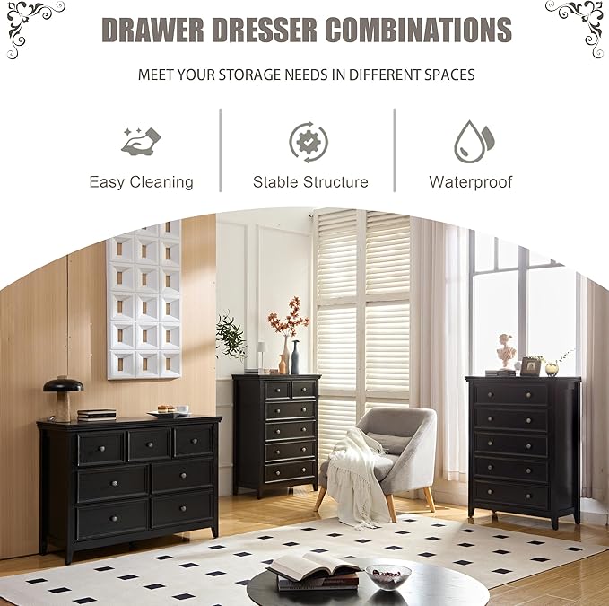BLANKSPACE Black 5 Drawer Dresser, Modern Dresser for Bedroom, Wood Drawer Organizer with Metal Knobs, Large Capacity Wood Cabinet for Bedroom, Closets, Hallway