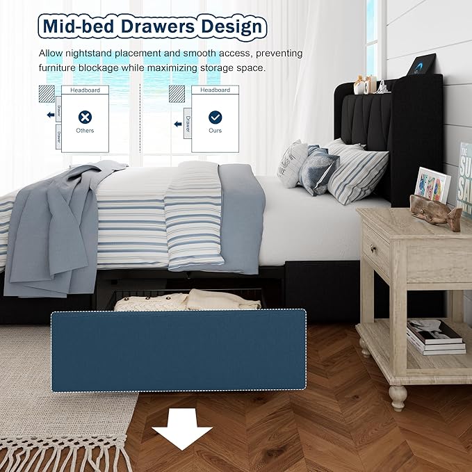 Twin Bed Frame with 4 Large Storage Drawers, Upholstered Platform Bed with Charging Station, Modern Wingback Storage Headboard, Easy Assembly,Noise-Free, Black