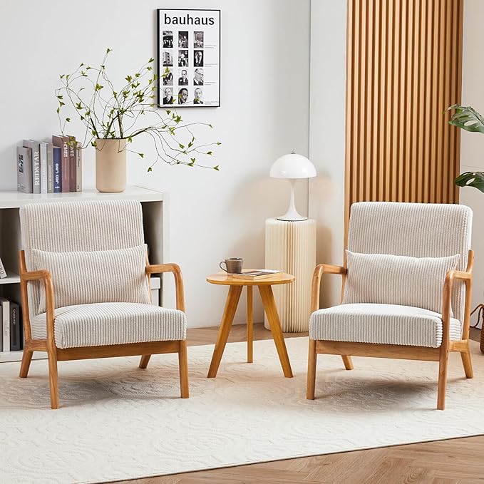 IKIFLY Upholstered Accent Chair Set of 2, Mid Century Modern Living Room Chair with Solid Wood Frame, Reading Arm Chair with Pillow & Lumbar Cushion for Office, Reading Room, Bedroom - Beige