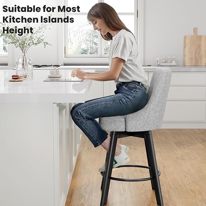 Swivel Bar Stools with Backs, 24" Counter Height Bar Stools Set of 8, Fabric Upholstered Counter Barstools with Solid Wood Legs for Kitchen Island, Home Bar, Light Gray