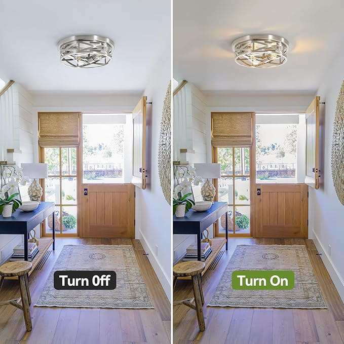 13 inch Brushed Nickel Flush Mount Ceiling Light Fixtures,3-Light Modern Hallway Light Fixtures Ceiling, Brushed Nickel Light Fixture Ceiling Mount for Farmhouse,Kitchen, Bedroom 2 Pack