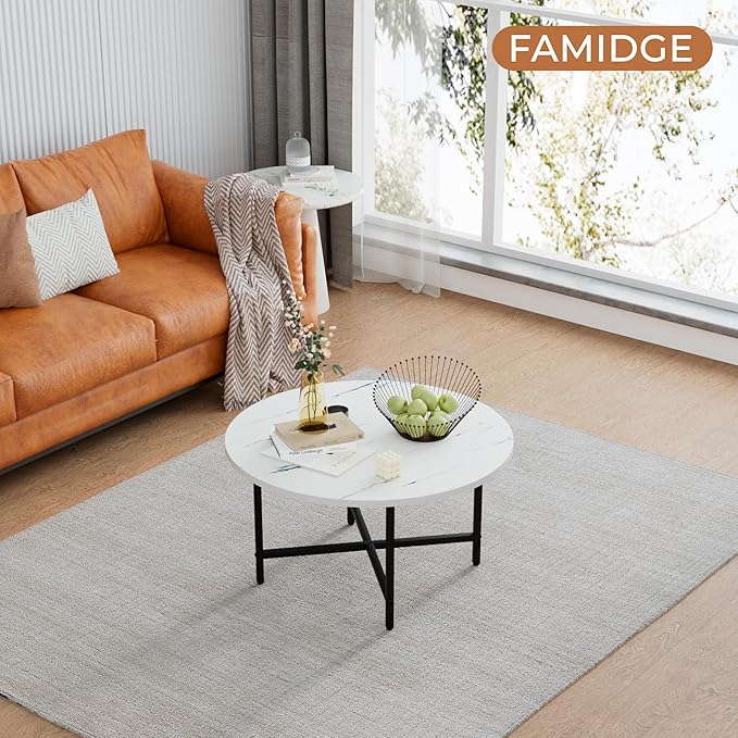 Coffee Table, 23.6" Coffee Tables for Living Room, Round Coffee Table with Metal Frame, Floor Table for Sitting on The Floor, Home, Office, White