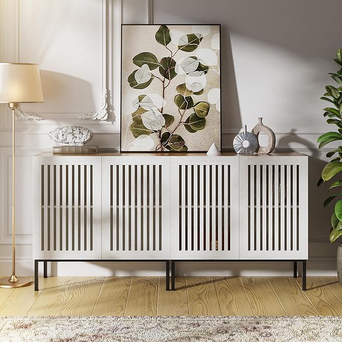 Farmhouse TV Stand for 70 Inch TVs, 2-in-1 Entertainment Center with Storage Cabinets & Metal Base, Antique White Media Console for Living Room