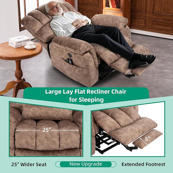 VIVIJASON Tall Man Large Dual Motor Power Lift Recliner Chair with Extended Footrest, Overstuffed Lay Flat Sleeper Electric Recliner W/Heat & Massage, Lumbar Pillow, USB & Type-C Ports, Plush Brown