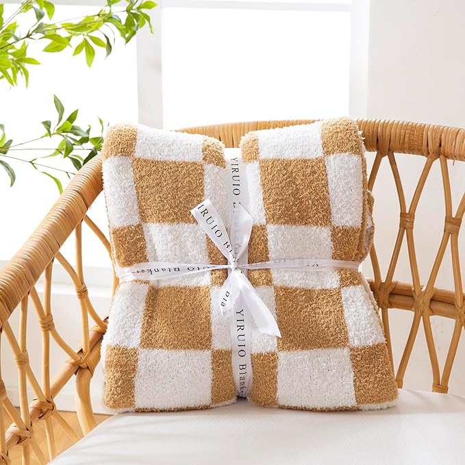 YIRUIO Throw Blanket Checkered Chessboard Fluffy Fuzzy Warmer Comfort Reversible Super Soft Cozy for Home Decor Bed Couch Sofa Living Room (Burnt Orange, 51''x63'')