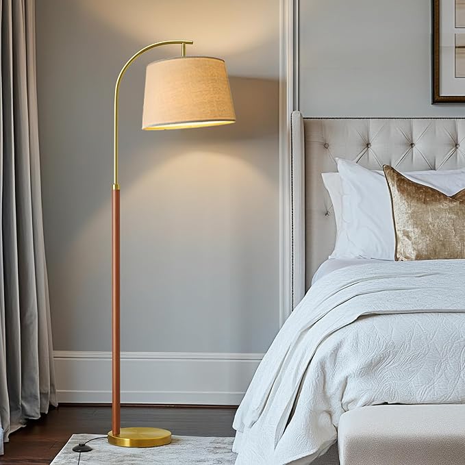 62.5" Gold Floor Lamp for Living Room Dimmable Standing Lamp with Remote & Foot Switch, 3 Color Temperatures Arc Tall Lamp Wood Mid Century Modern Floor Lamps for Bedroom Office, 9W Bulb Included