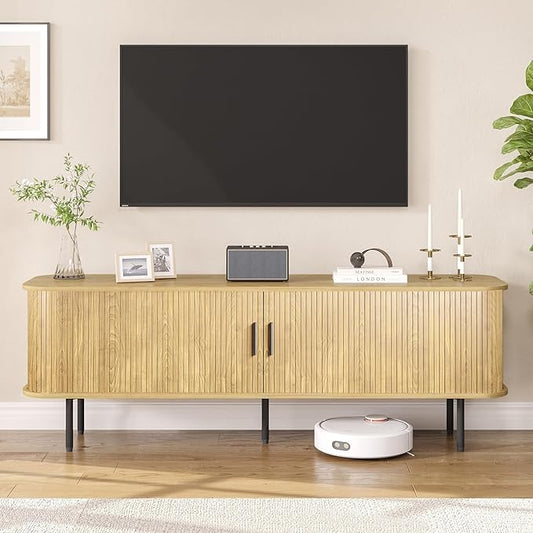 63" Natural Fluted TV Stand for TVs up to 75 Inch, Gaming Entertainment Center with Tambour Slatted Sliding Doors and Storage Cabinet, Media TV Consoles Table for Living Room, Office