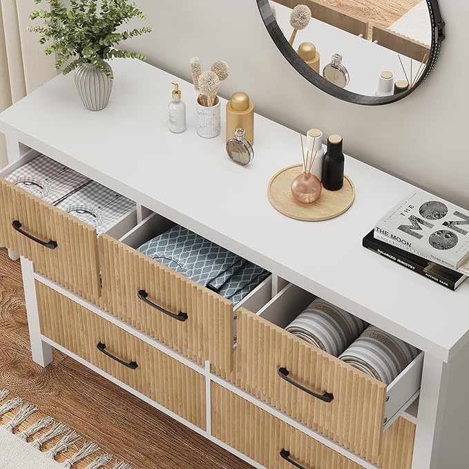 Fluted 7 Drawers Dresser for Bedroom, Modern Chest of Drawers with Metal Handle, Wood Dresser TV Stand, Wooden Closet Clothes Storage Organizer for Living Room, Hallway (White & Wood)