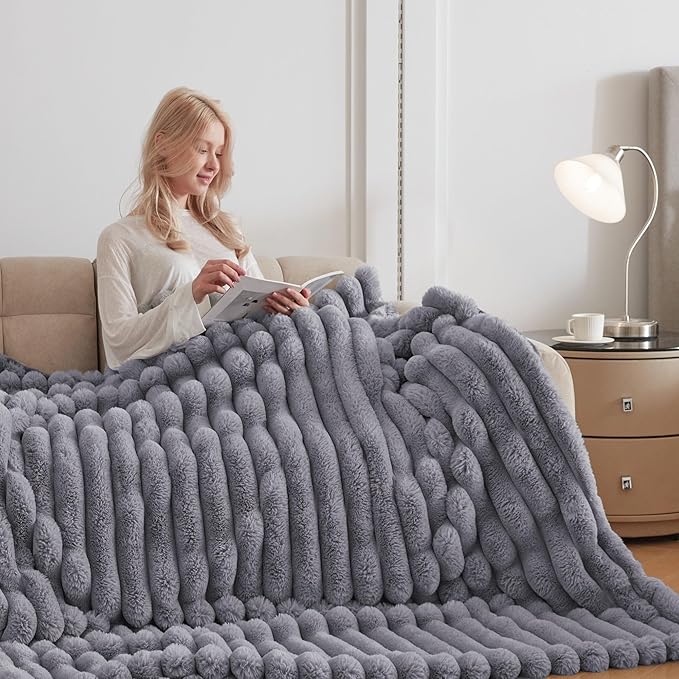 Faux Fur Throw Blanket for Couch, Cozy Warm Plush Striped Blanket for Sofa Bedroom Living Room, 50x60 Inches Grey