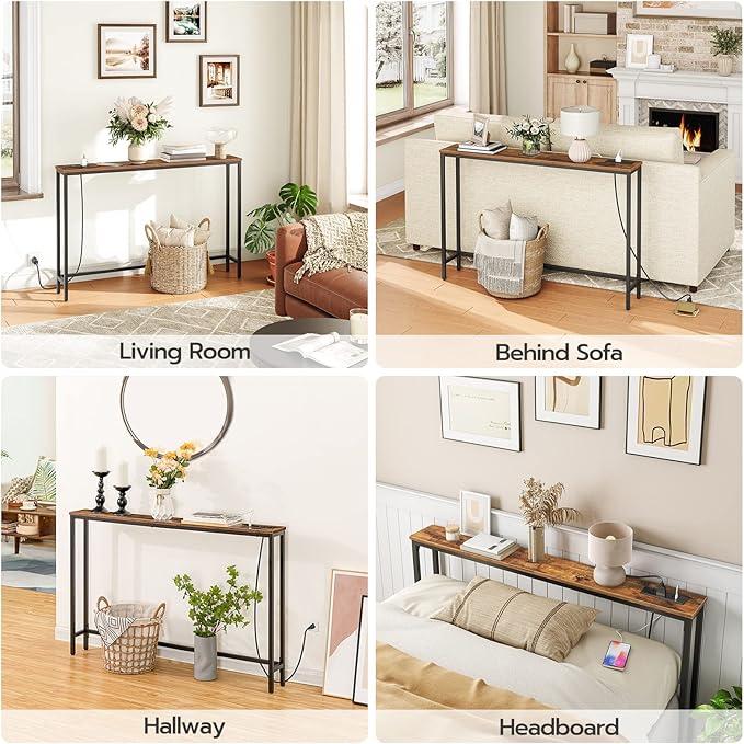 HOOBRO 47.2" Narrow Console Table with Power Outlets, 5.9" Behind Couch Table with Charging Station, Long Sofa Table, Skinny Entryway Table for Living Room, Hallway, Foyer, Rustic Brown BF15XG01G1