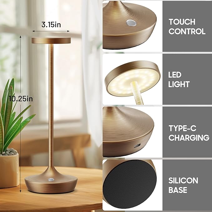 2 Pack Cordless Table Lamps, Battery Operated LED Desk Lamp, 3-Color Stepless Dimming, Portable & Waterproof, for Restaurants, Bedrooms, Bars, Outdoor Parties, Camping, and Cafes (2Pack Bronze)