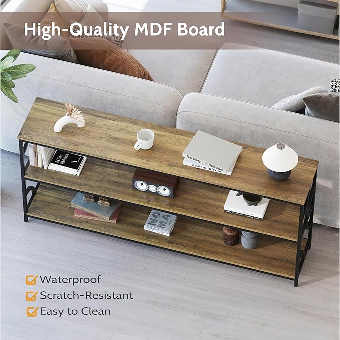 70.9-Inch Industrial Sofa Table, Extra Long Console Table Behind Couch with 3-Tier Storage Shelves, Rustic Brown Finish for Entryway, Living Room, Foyer, Hallway, and Office