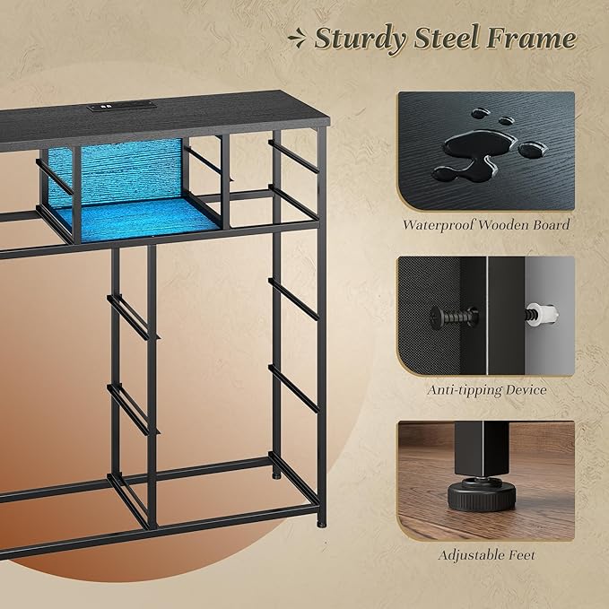 Dresser for Bedroom with Charging Station and LED and 10 Fabric Drawers, Sturdy Tall Chest of Drawers with 2 Open Storage Shelves Storage Tower for Clothing, Closet, Hallway (Black)