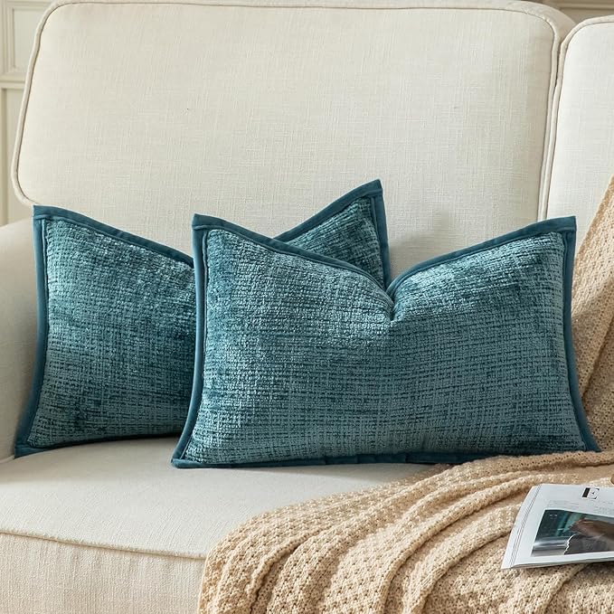 Yaertun Pack of 2 Chenille Textured Decorative Throw Pillow Covers Accent Solid Cushion Cover Soft Cozy Pillow Case with Velvet Back for Couch Sofa Bed Living Room 16x24 Inch Lake Blue