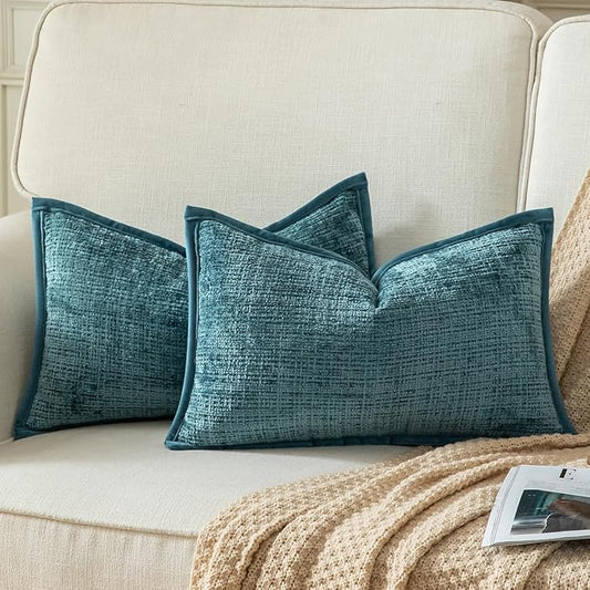 Yaertun Pack of 2 Chenille Textured Decorative Throw Pillow Covers Accent Solid Cushion Cover Soft Cozy Pillow Case with Velvet Back for Couch Sofa Bed Living Room 12x20 Inch Lake Blue
