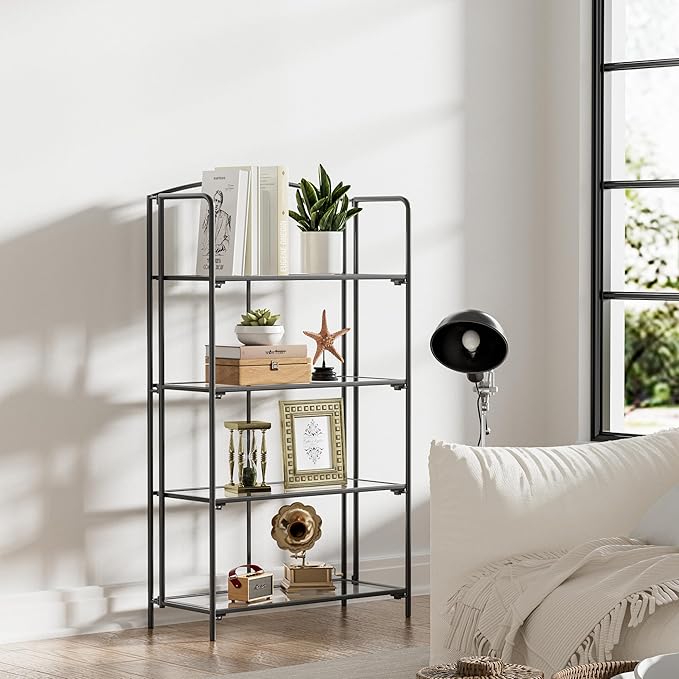Crofy No Assembly Folding Bookshelf for Living Room, 4 Tier Black Collapsible Book Shelf for Home Office, Portable Bookcase Storage Organizer
