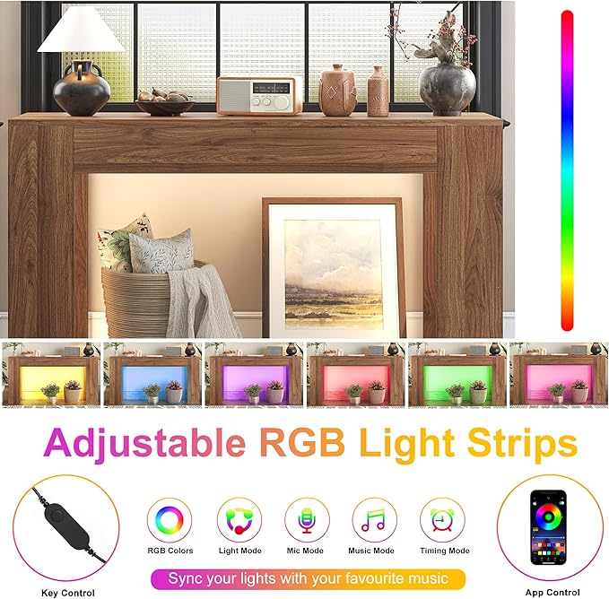 63-Inch Long Console Table with LED Light, Farmhouse Sofa Table Behind Couch, Wooden Console Table for Entryway, Hallway, Entrance, Living Room