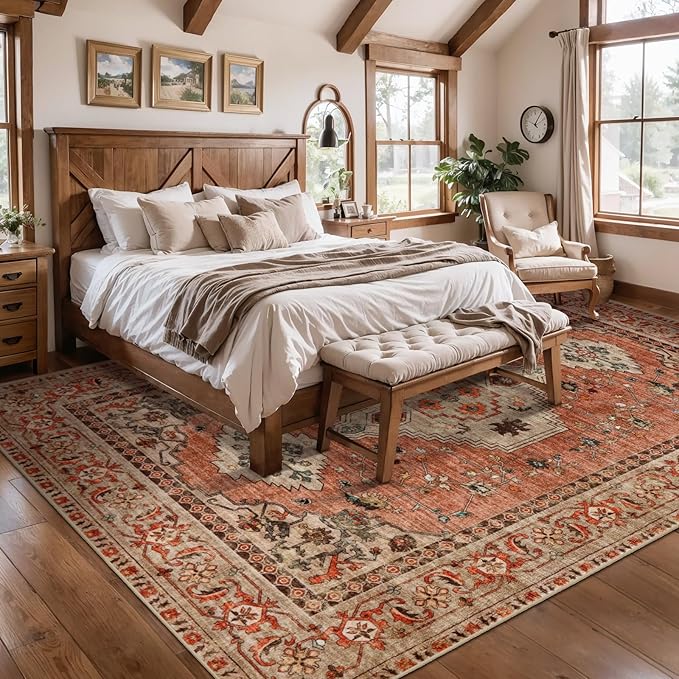 Boho Rug 4x6 Area Rug, Washable Vintage Indoor, Oriental Non Slip Distressed Terracotta Carpet, Machine Washable Rug, Soft Low Pile Rugs Foldable Floor for Dining Room Bedroom Living Room
