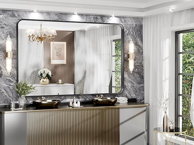 Hasipu Black Bathroom Mirror 59x39 Inch Rounded Rectangle Vanity Mirror Metal Framed Wall Mirrors Anti-Rust Surface Mount (Horizontal/Vertical)