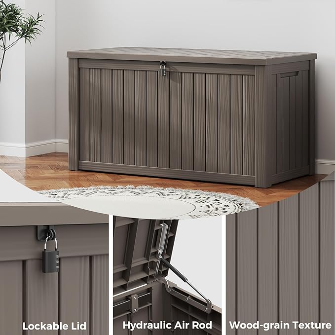 150 Gallon Resin Deck Box, Large Indoor and Outdoor Storage Box, Weatherproof and UV Resistant Outdoor Storage Box with Built-in Steel Beams for Patio, Cushions, Pool Supplies