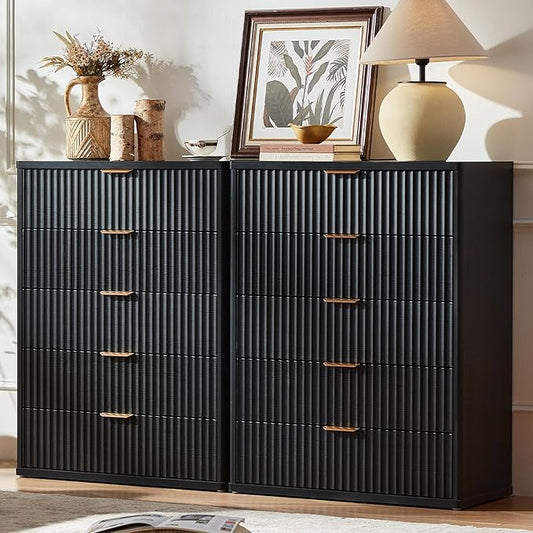 LEYAOYAO Fluted 5 Drawers Dresser for Bedroom Set of 2, 41" Tall Modern Chest of Drawers with Metal Handle, Curved Profile Design,Black Wood Drawer Organizer for Bedroom, Living Room, Hallway