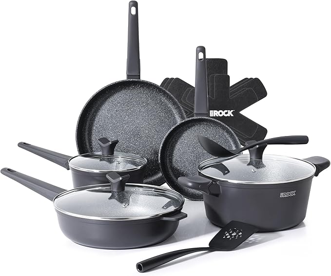 THE ROCK SOHO 15Pcs Cookware Set – Pots and Pans Set Non Stick with ROCK.TEC – Compact for Urban Kitchens, Nothing Sticks, Never Warps, Lasts Longer, Induction & Dishwasher Safe, Black