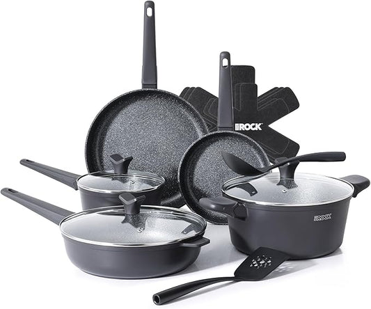 THE ROCK SOHO 15Pcs Cookware Set – Pots and Pans Set Non Stick with ROCK.TEC – Compact for Urban Kitchens, Nothing Sticks, Never Warps, Lasts Longer, Induction & Dishwasher Safe, Black