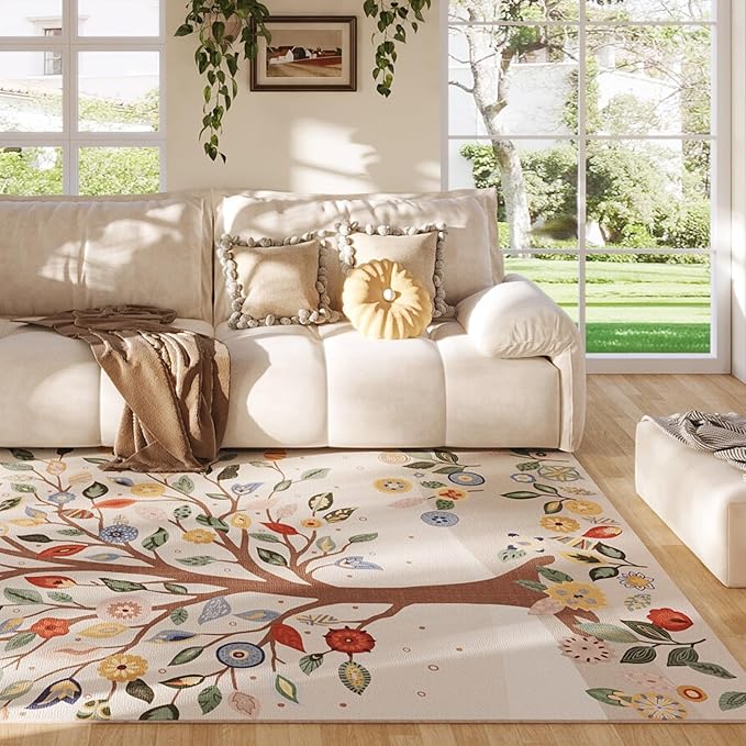 Area Rugs 8x10 for Living Room Clearance Bohemian Washable Rug Non Slip Floral Tree Low Pile Large Rug for Bedroom, Farmhouse, Dining Room, Kids Playroom, Beige