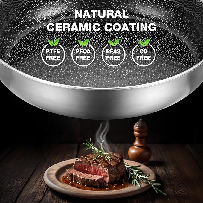 PekGema Nonstick Frying Pan 10 inch, Hybird Ceramic Frying Pan, Stainless Steel Skillet, Non-stick Oven-Safe Chef Pan, Induction Ready, PFOA PFAS FREE Cookware