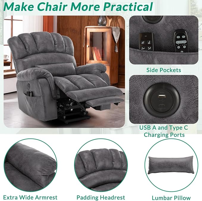 VIVIJASON Tall Man Large Dual Motor Power Lift Recliner Chair with Extended Footrest, Overstuffed Lay Flat Sleeper Electric Recliner W/Heat & Massage, Lumbar Pillow, USB & Type-C Ports, Gray