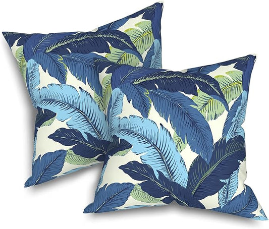 Outdoor Throw Pillows with Inners, All Weather Patio Pillows Set of 2, Square Pillows Decorative for Home Garden Furniture, 20x20 Inch, Swaying Palms Blue