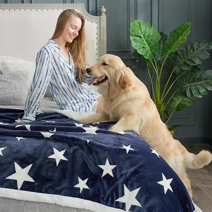 Cozy Bliss Thick Warm Sherpa Fleece Star Blanket, Double Sided Patriotic Throw Blanket Fluffy Soft Fuzzy Thick Blanket for Couch, Bed and Gifts(Navy Blue, 60" x 80")