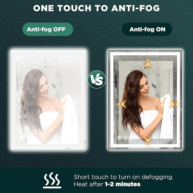 24"x 32" LED Bathroom Mirror with Stepless Dimmable Wall Mirrors with Anti-Fog, Dimmable CRI>90, Vanity Mirror with 3 Color Modes, Shatter-Proof, Memory Bathroom Mirror with LED Lights