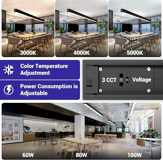 JTT 8FT LED Linear Light,8Foot LED Shop Lights 100/80/60W 3/4/5000K CCT Selectable,Commercial 8Feet Lighting Fixture 0-10V Dimmable Lighting Fixture ETL for Gym Retails Office Garage Classroom,2Pack