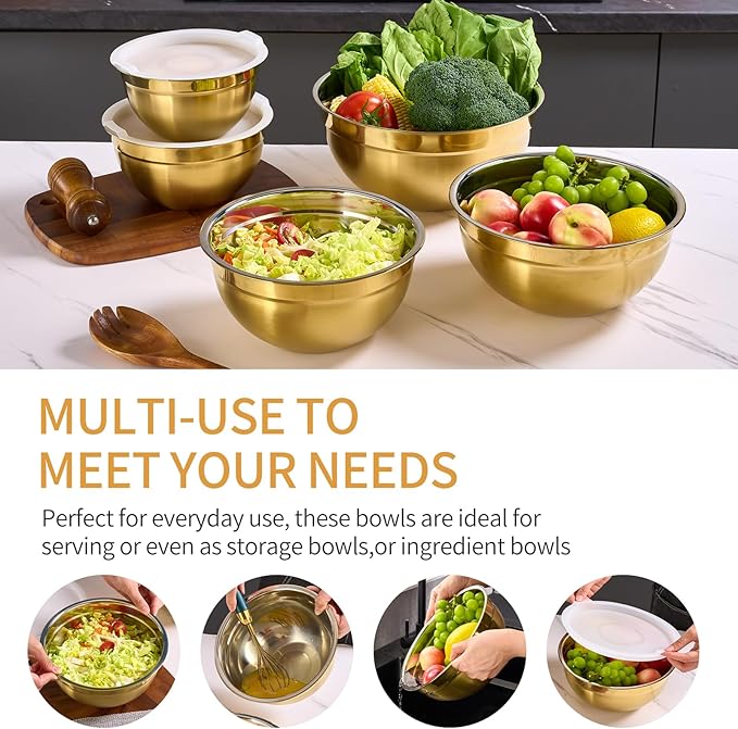 5 Piece Gold Mixing Bowls with Lids for Kitchen, Stainless Steel Mixing Bowls Set Ideal for Baking, Prepping, Cooking and Serving Food, Nesting Metal Mixing Bowls for Space Saving Storage, 1